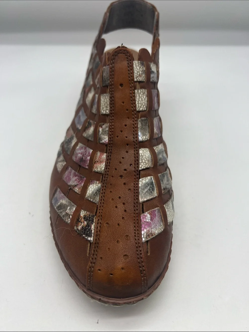Rieker - Sina 46778 Brown Leather Multi Colored Woven Round Toe Shoes Size 41